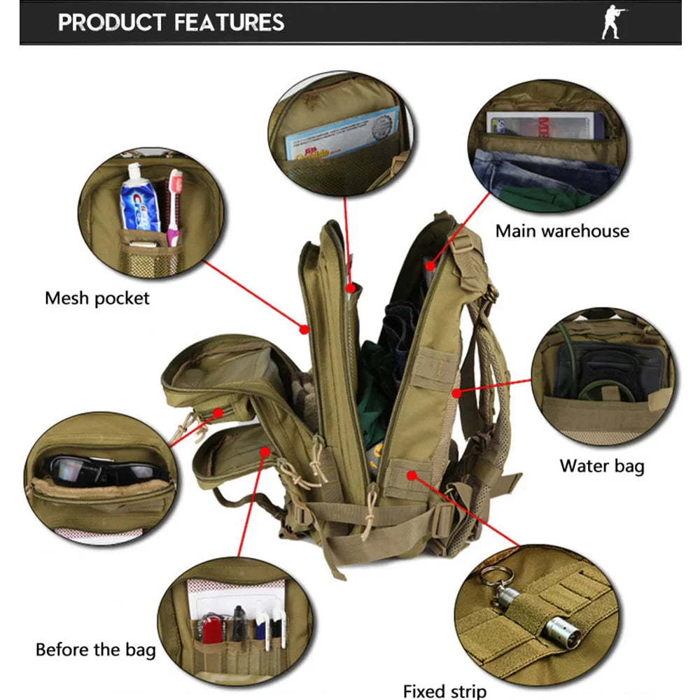 30L Outdoor Military Backpack 600D Nylon Waterproof Tactical Rucksack Sport Travel Camping Hiking Trekking Fishing Hunting Bags