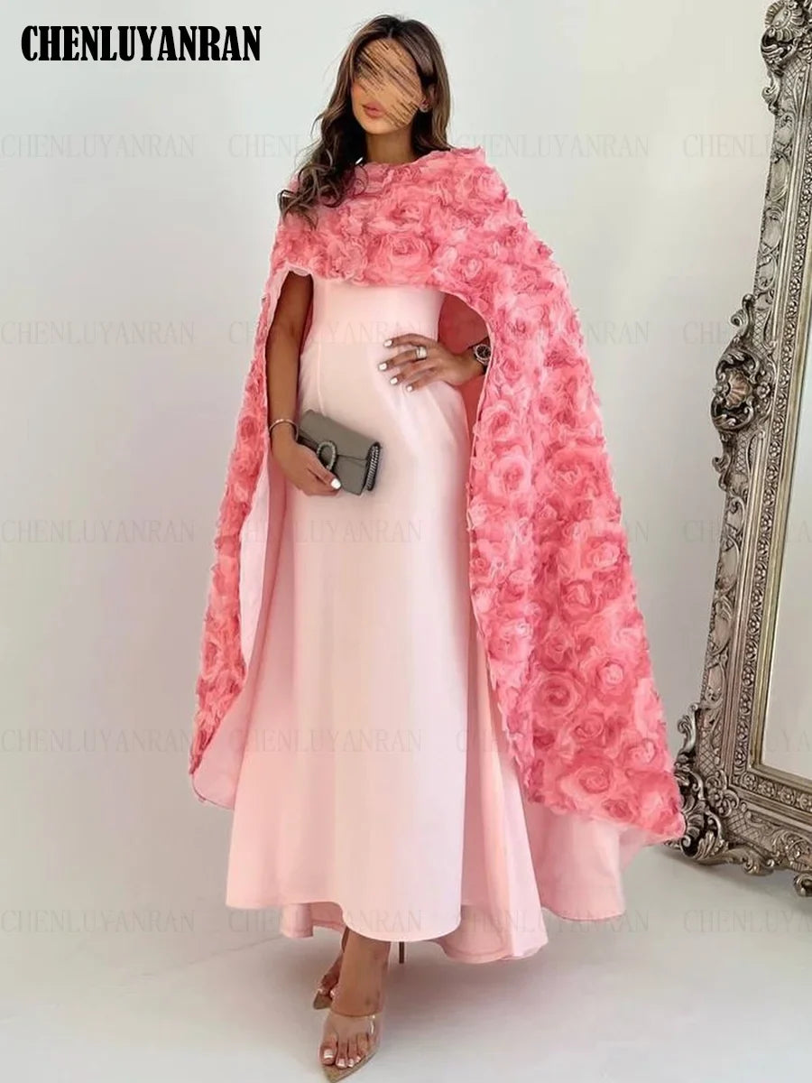 3D Flower Formal Occasion Dresses 2023 Pink Mermaid Long Party Dress With Cloak Sexy Luxury Lace Evening Gowns فساتين حفلات