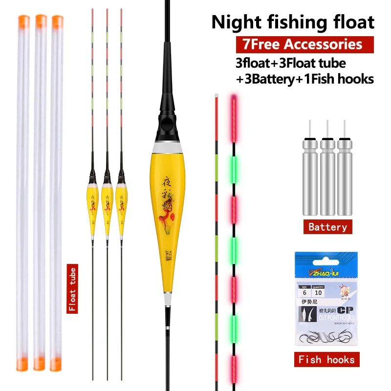 3PCS Luminous Fishing Floats+3 CR425+3 Float Tubes+1 Bag Hooks Night Nano Buoy Electric Boya Fresh Water Fishing Tool Accessorie