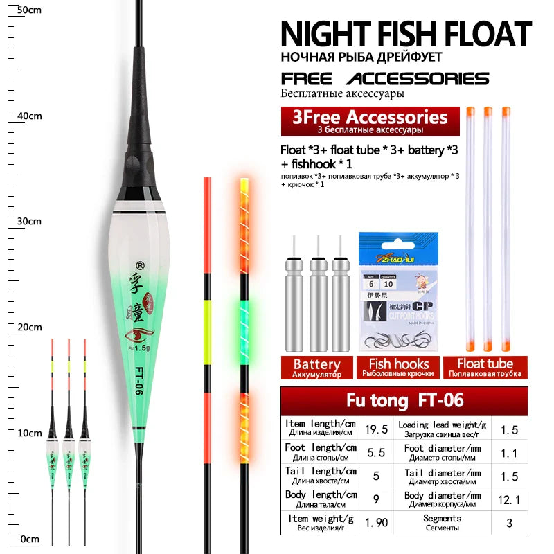 3PCS Luminous Fishing Floats+3 CR425+3 Float Tubes+1 Bag Hooks Night Nano Buoy Electric Boya Fresh Water Fishing Tool Accessorie