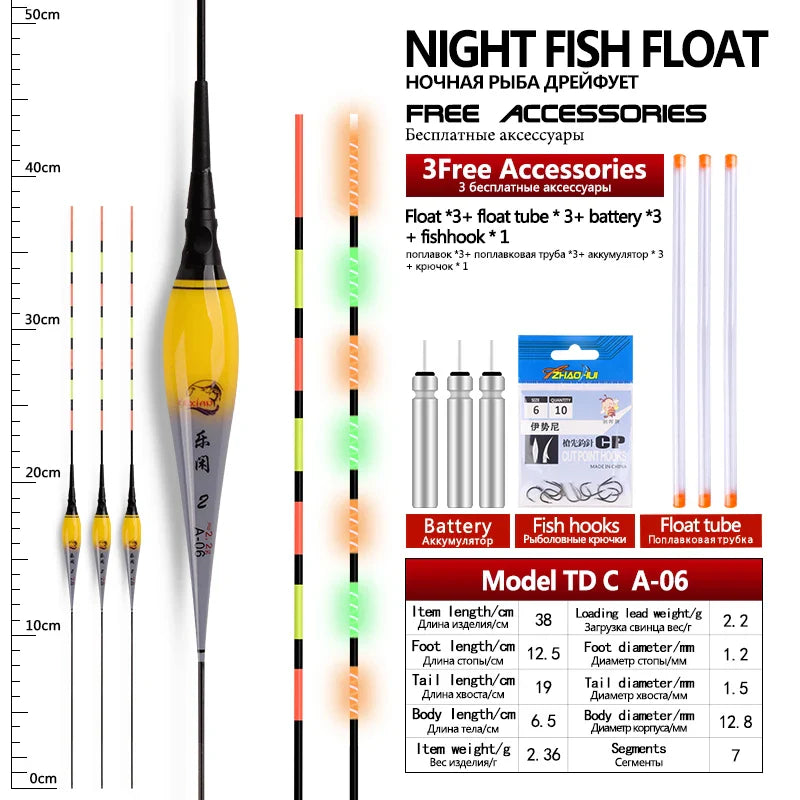 3PCS Luminous Fishing Floats+3 CR425+3 Float Tubes+1 Bag Hooks Night Nano Buoy Electric Boya Fresh Water Fishing Tool Accessorie