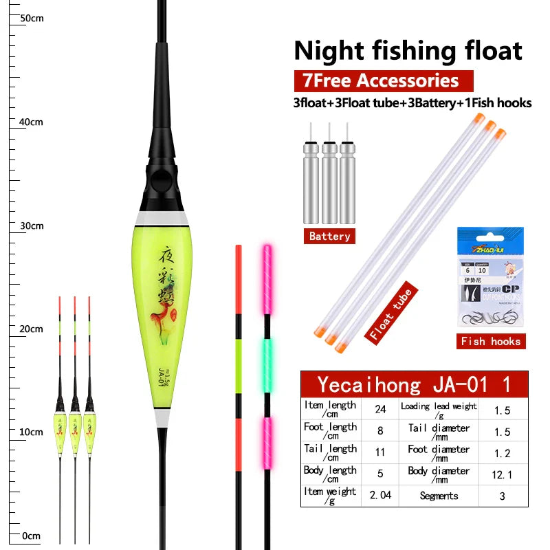 3PCS Luminous Fishing Floats+3 CR425+3 Float Tubes+1 Bag Hooks Night Nano Buoy Electric Boya Fresh Water Fishing Tool Accessorie