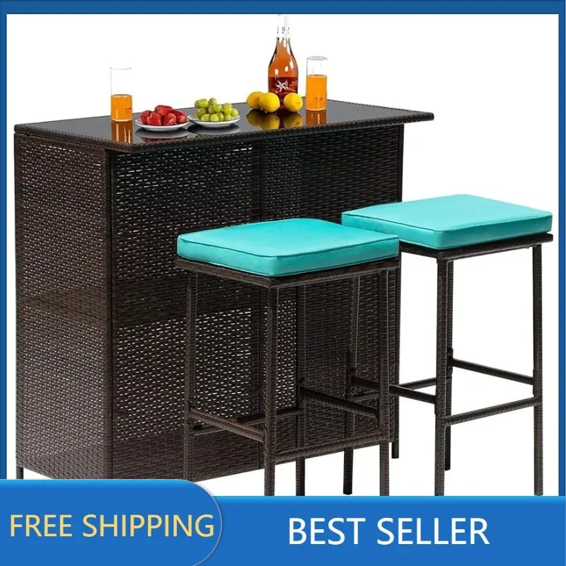 3PCS Patio Bar Set Outdoor Furniture Set Wicker Bistro Set with Two Stools for Patio Backyard Balcony,Blue Cushion