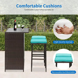 3PCS Patio Bar Set Outdoor Furniture Set Wicker Bistro Set with Two Stools for Patio Backyard Balcony,Blue Cushion