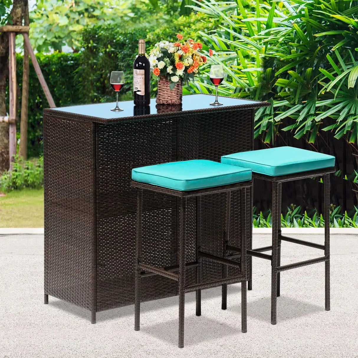 3PCS Patio Bar Set Outdoor Furniture Set Wicker Bistro Set with Two Stools for Patio Backyard Balcony,Blue Cushion