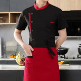 3Pcs/Set Unisex Hotel Kitchen Chef Uniform Jacket Hat Apron Set Stand Collar Short Sleeve Restaurant Cooking Shirt Works Clothes