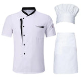 3Pcs/Set Unisex Hotel Kitchen Chef Uniform Jacket Hat Apron Set Stand Collar Short Sleeve Restaurant Cooking Shirt Works Clothes