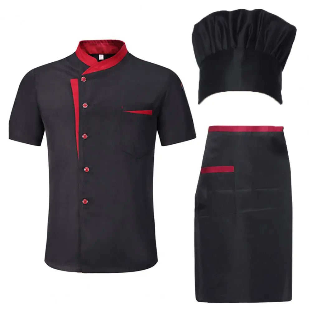 3Pcs/Set Unisex Hotel Kitchen Chef Uniform Jacket Hat Apron Set Stand Collar Short Sleeve Restaurant Cooking Shirt Works Clothes