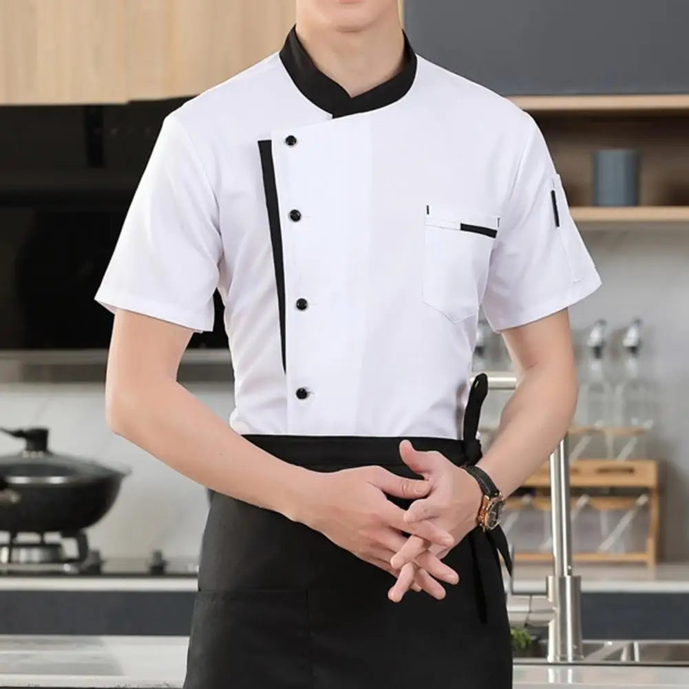 3Pcs/Set Unisex Hotel Kitchen Chef Uniform Jacket Hat Apron Set Stand Collar Short Sleeve Restaurant Cooking Shirt Works Clothes