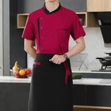 3Pcs/Set Unisex Hotel Kitchen Chef Uniform Jacket Hat Apron Set Stand Collar Short Sleeve Restaurant Cooking Shirt Works Clothes