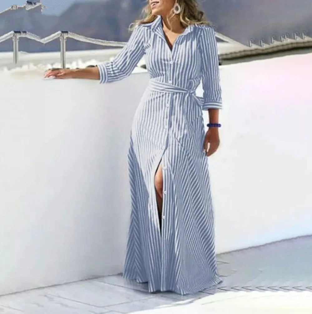 3XL 4XL 5XL Cotton Linen Shirt Dress Women Plus Size Blouse Long Skirt Vestidos Large Size Femal Clothing Striped Cardigan Dress