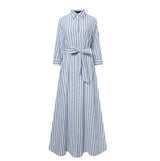 3XL 4XL 5XL Cotton Linen Shirt Dress Women Plus Size Blouse Long Skirt Vestidos Large Size Femal Clothing Striped Cardigan Dress