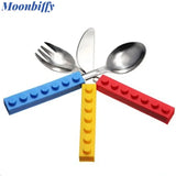 3pcs Children Cutlery Set Stainless Dinnerware Knife Fork Spoon Steel Dinner Tableware Silicone Build Blocks Handle Baby Feeder