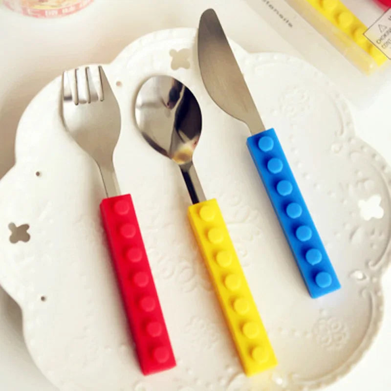 3pcs Children Cutlery Set Stainless Dinnerware Knife Fork Spoon Steel Dinner Tableware Silicone Build Blocks Handle Baby Feeder