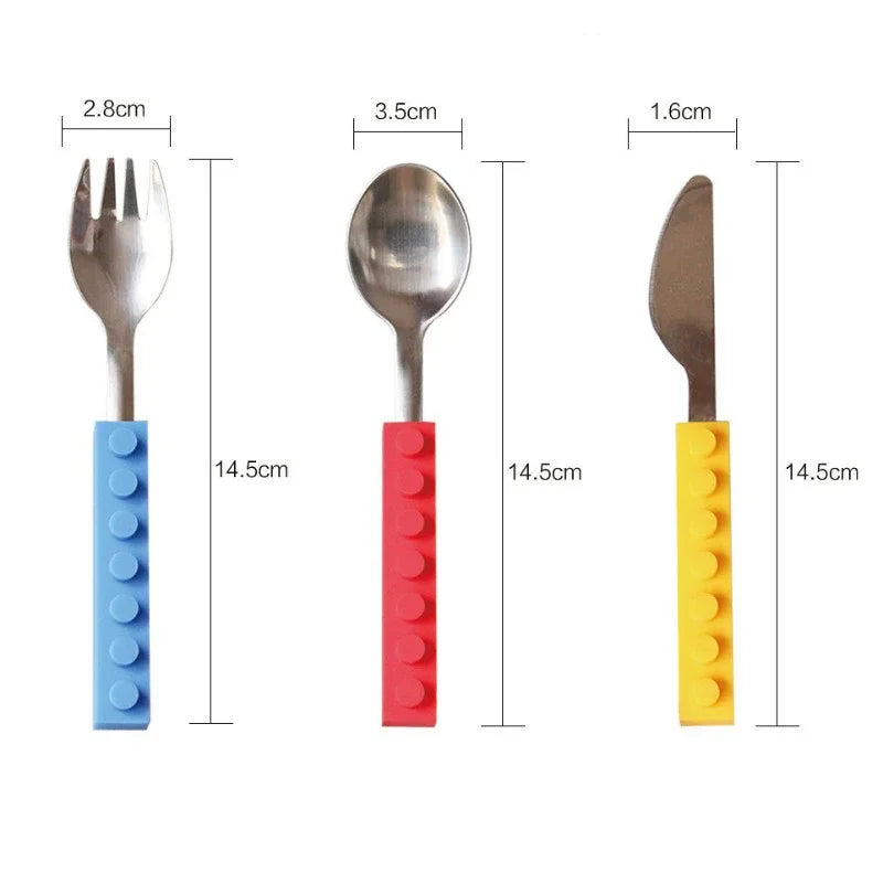 3pcs Children Cutlery Set Stainless Dinnerware Knife Fork Spoon Steel Dinner Tableware Silicone Build Blocks Handle Baby Feeder