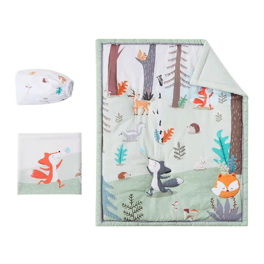 3pcs Microfiber Crib Bedding Set Forest And Animal Designs For Boys and Girls Baby Quilt Includes Quilt Crib Sheet, Crib Skirt