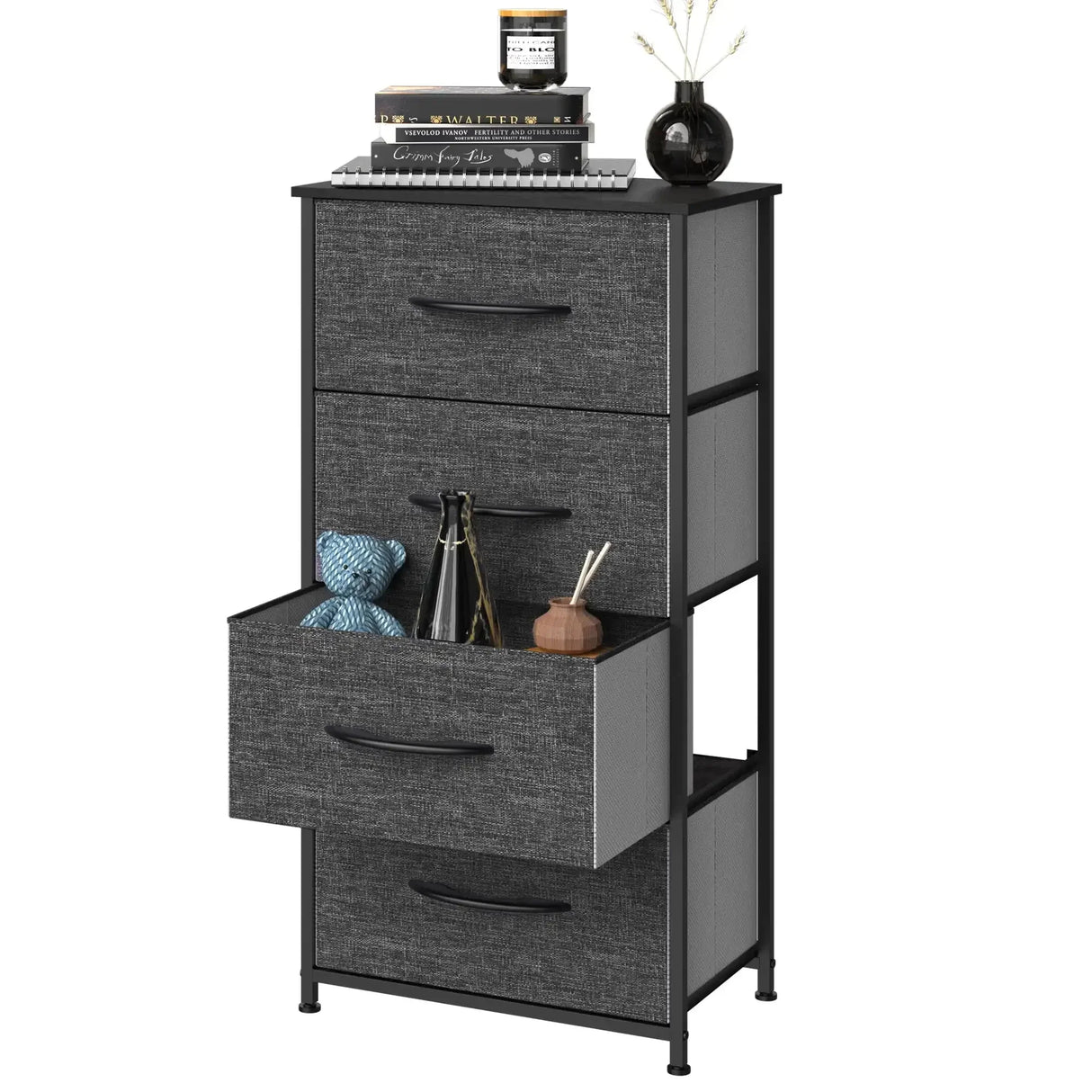 4 Drawers Dresser Shelf Organizer Bedroom Bedside Storage Tower Black Grey  Living Room Closet  Organize