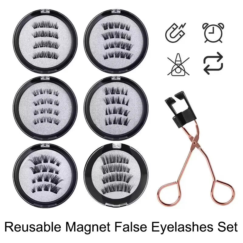 4 PCS-Reusable Magnetic False Eyelashes with Eyelash Curler 4 Magnets 3D Fake Eyelash Extension Self-adhesive Eye Makeup Tools