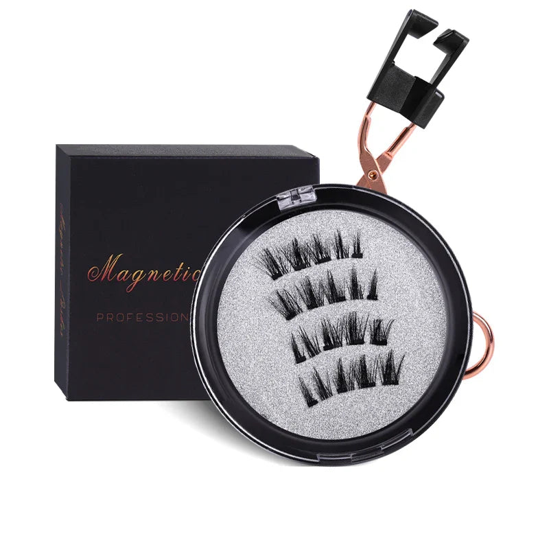 4 PCS-Reusable Magnetic False Eyelashes with Eyelash Curler 4 Magnets 3D Fake Eyelash Extension Self-adhesive Eye Makeup Tools