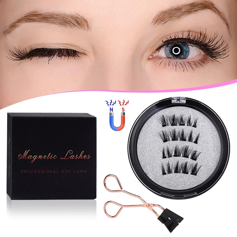 4 PCS-Reusable Magnetic False Eyelashes with Eyelash Curler 4 Magnets 3D Fake Eyelash Extension Self-adhesive Eye Makeup Tools