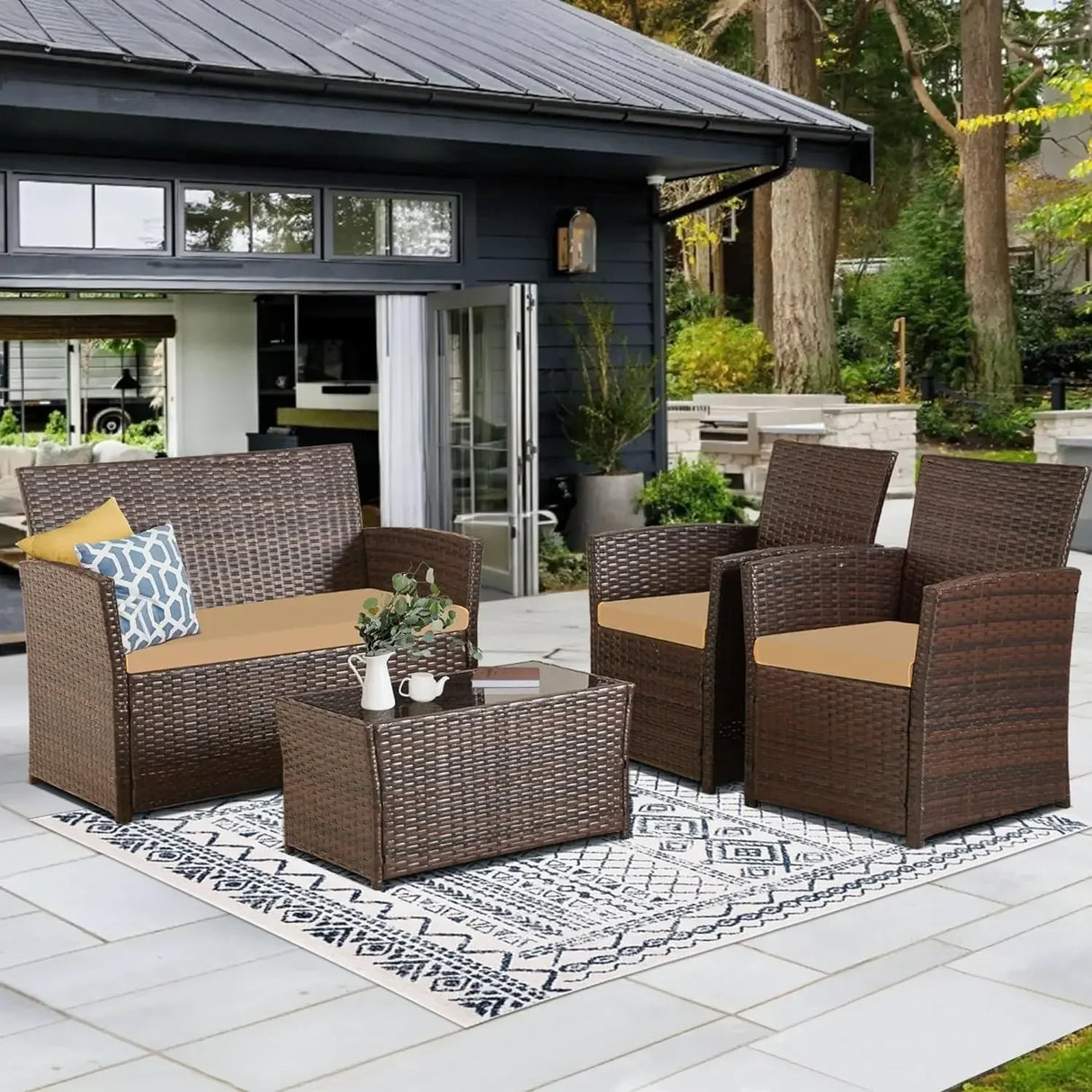 4 Piece Patio Furniture Set, Outdoor Wicker Conversation Sets,Rattan Sectional Sofa w/Coffee Table, for Backyard Garden Poolside