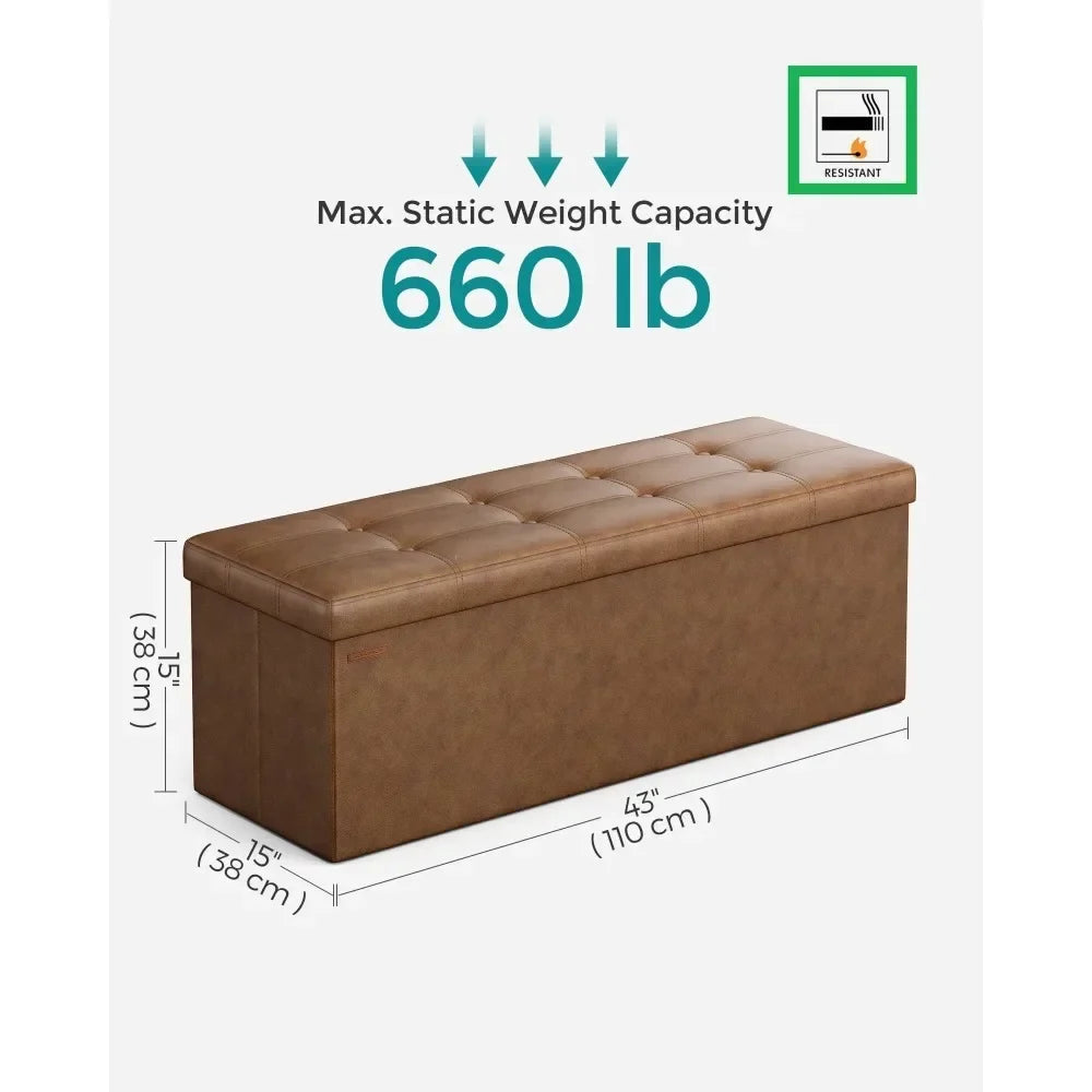 43" Storage Ottoman Bench Leather Footstool Hold Up to 660lb for Bedroom Coffee Brown Wood Stool Dining Chair Dining Room Chairs