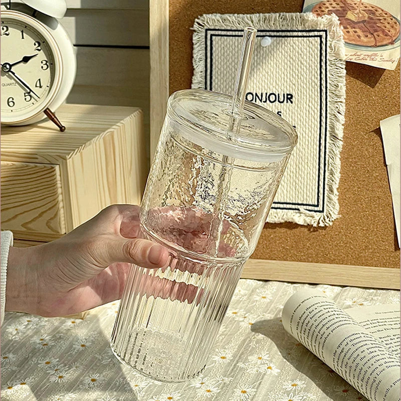 450/600ml Stripe Glass Cup Transparent Glasses With Lid and Straw Ice Coffee Mug Tea Cup Juice Glass Milk Water Cups Drinkware