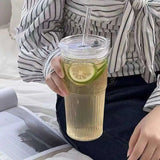 450/600ml Stripe Glass Cup Transparent Glasses With Lid and Straw Ice Coffee Mug Tea Cup Juice Glass Milk Water Cups Drinkware