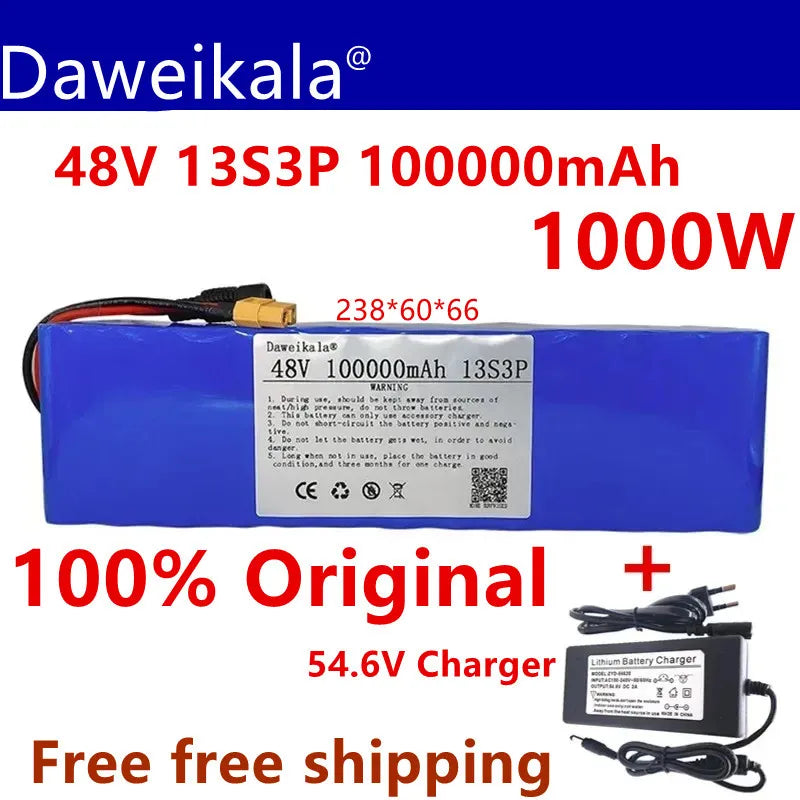 48V 100Ah 1000w 13S3P XT60 48V Lithium ion Battery Pack 100000mah For 54.6v E-bike Electric bicycle Scooter with BMS+charger