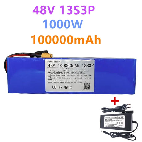 48V 100Ah 1000w 13S3P XT60 48V Lithium ion Battery Pack 100000mah For 54.6v E-bike Electric bicycle Scooter with BMS+charger