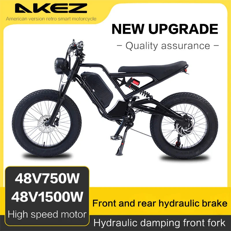 48V 750W 1500W AKEZ Aluminum Frame Electric Bicycle Retro Motorcycle E Bike Hydraulic Brake High Performance Electric Motorcycle