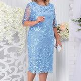 4xl 5xl Plus Size Summer Dresses for Wedding Guest Women's Short Sleeve Lace Floral Elegant Bodycon Formal Party Dresses