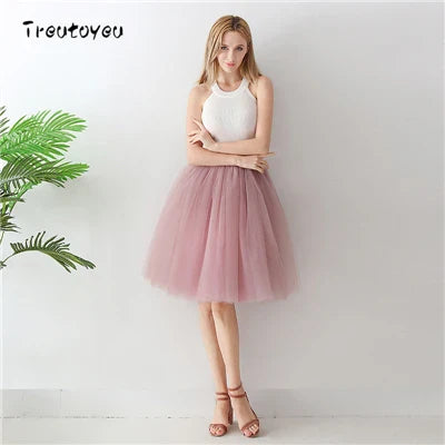 5 Layers 65cm Black Pleated Skirt Sexy Midi Tulle Skirt High Waist Full Lining Adult Tutu Korean Style Women Jupe Femme Faldas