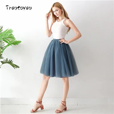 5 Layers 65cm Black Pleated Skirt Sexy Midi Tulle Skirt High Waist Full Lining Adult Tutu Korean Style Women Jupe Femme Faldas