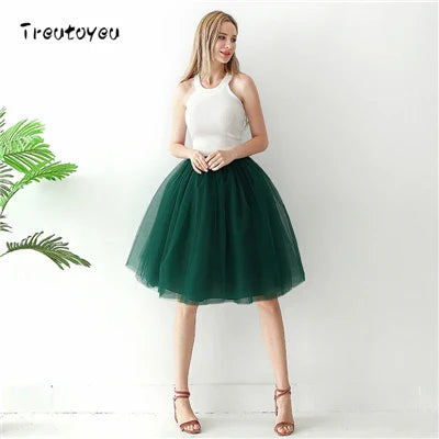 5 Layers 65cm Black Pleated Skirt Sexy Midi Tulle Skirt High Waist Full Lining Adult Tutu Korean Style Women Jupe Femme Faldas