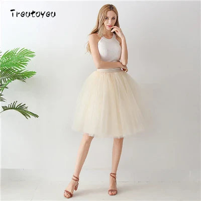 5 Layers 65cm Black Pleated Skirt Sexy Midi Tulle Skirt High Waist Full Lining Adult Tutu Korean Style Women Jupe Femme Faldas