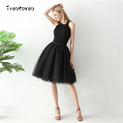 5 Layers 65cm Black Pleated Skirt Sexy Midi Tulle Skirt High Waist Full Lining Adult Tutu Korean Style Women Jupe Femme Faldas