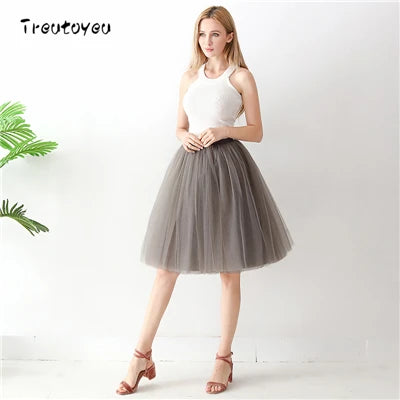 5 Layers 65cm Black Pleated Skirt Sexy Midi Tulle Skirt High Waist Full Lining Adult Tutu Korean Style Women Jupe Femme Faldas