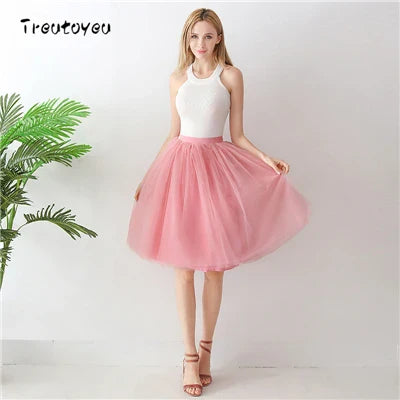 5 Layers 65cm Black Pleated Skirt Sexy Midi Tulle Skirt High Waist Full Lining Adult Tutu Korean Style Women Jupe Femme Faldas