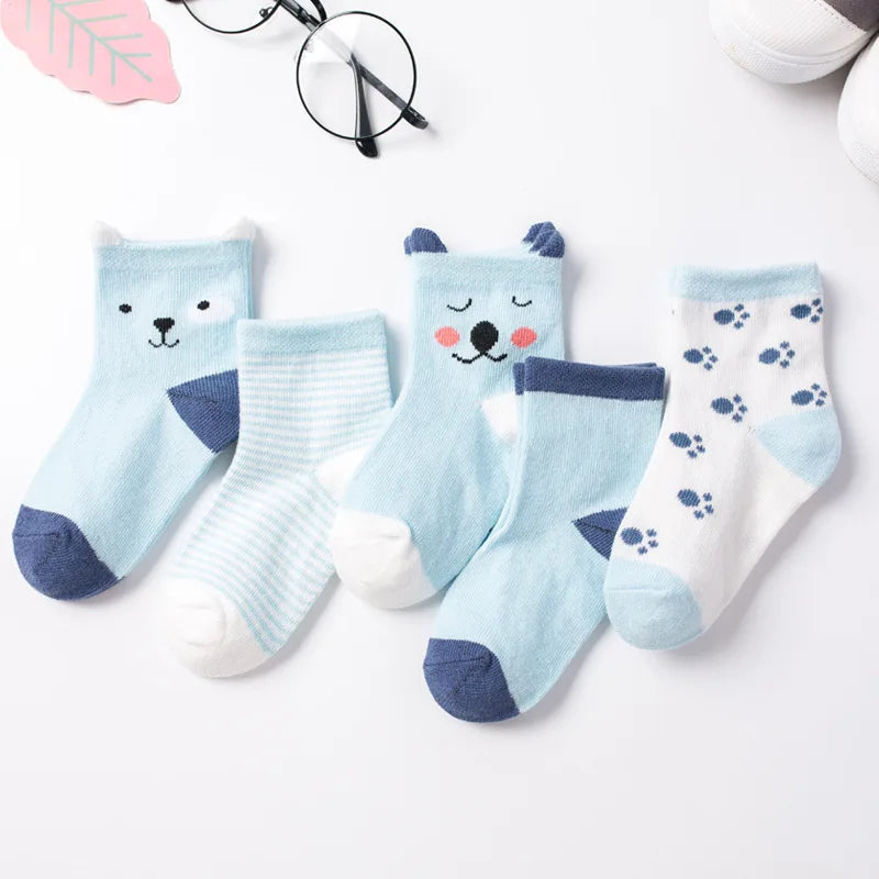 5 Pairs/Lot Children Cotton Socks Boy Girl Baby Autumn Spring Striated Stretchy Kids Socks Soft Cute Cartoon Socks for 0-8T