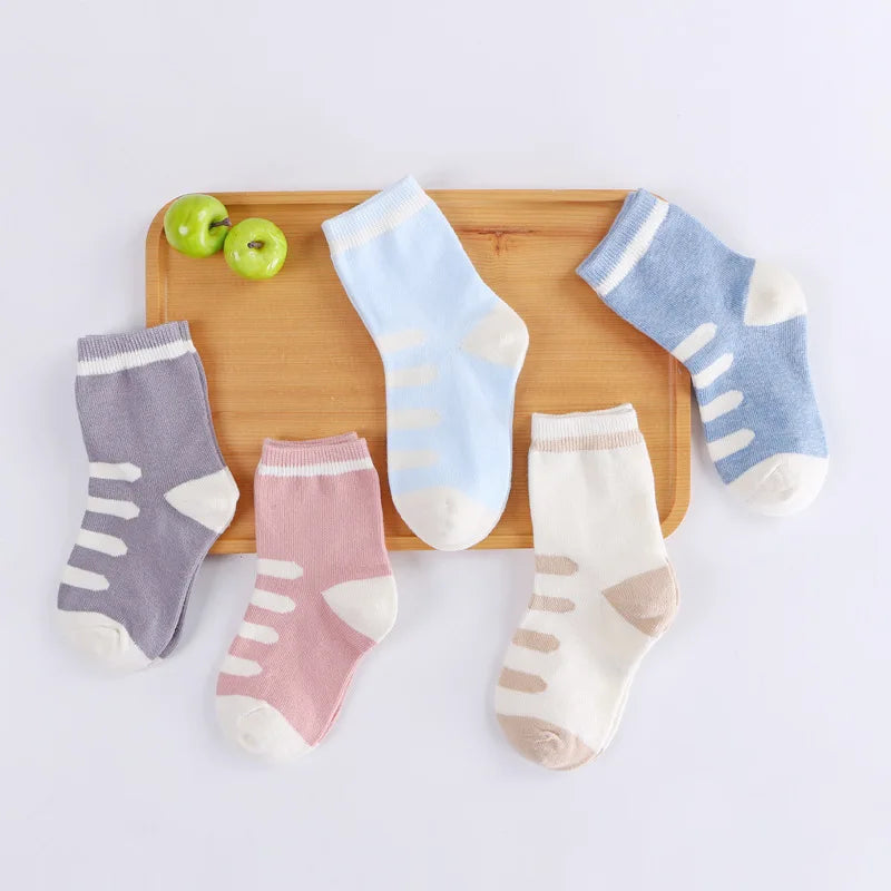 5 Pairs/Lot Children Cotton Socks Boy Girl Baby Autumn Spring Striated Stretchy Kids Socks Soft Cute Cartoon Socks for 0-8T