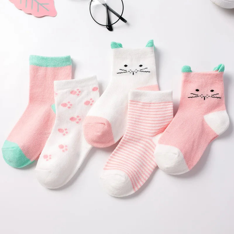 5 Pairs/Lot Children Cotton Socks Boy Girl Baby Autumn Spring Striated Stretchy Kids Socks Soft Cute Cartoon Socks for 0-8T