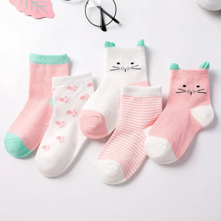 5 Pairs/Lot Children Cotton Socks Boy Girl Baby Autumn Spring Striated Stretchy Kids Socks Soft Cute Cartoon Socks for 0-8T