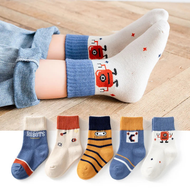 5 Pairs/Lot Children Cotton Socks Boy Girl Baby Autumn Thick Kids Knee-High Striated Socks Soft Cartoon Socks for Winter 1-12T