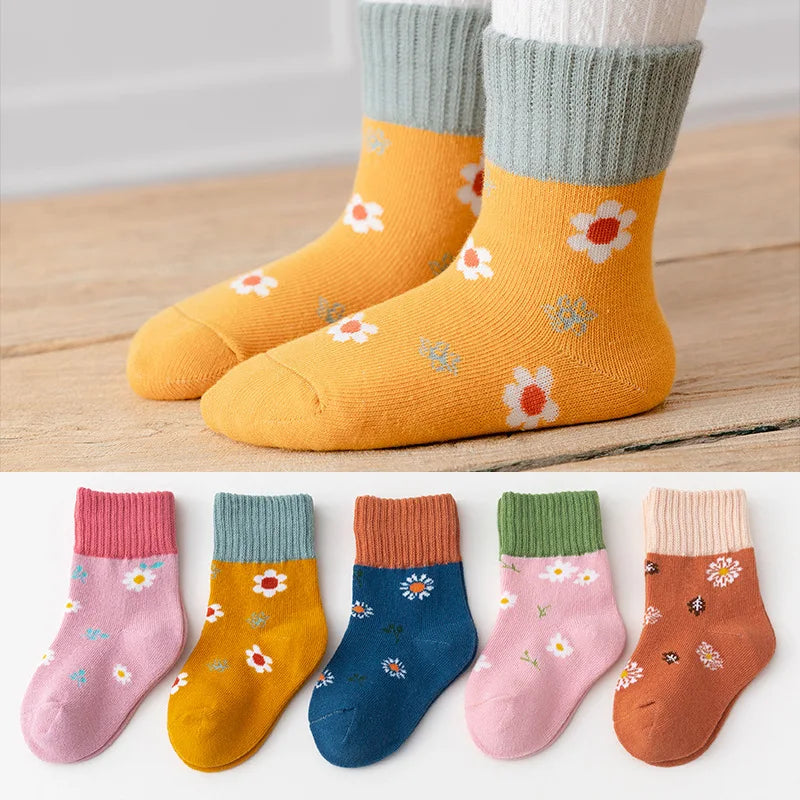 5 Pairs/Lot Children Cotton Socks Boy Girl Baby Autumn Thick Kids Knee-High Striated Socks Soft Cartoon Socks for Winter 1-12T