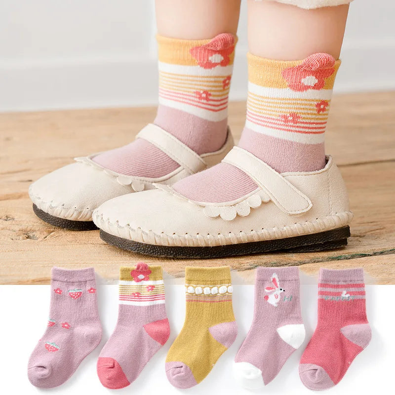 5 Pairs/Lot Children Cotton Socks Boy Girl Baby Autumn Thick Kids Knee-High Striated Socks Soft Cartoon Socks for Winter 1-12T