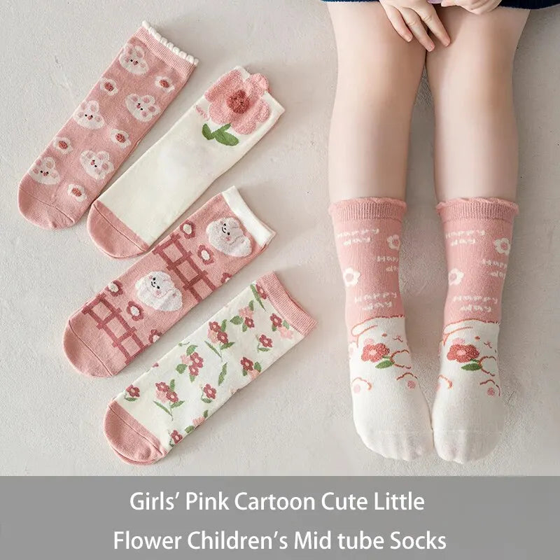 5 Pairs of Cute Cartoon Sweet and Fashionable Rabbit and Flower Baby Cotton Mid-calf Children's Socks for Girls