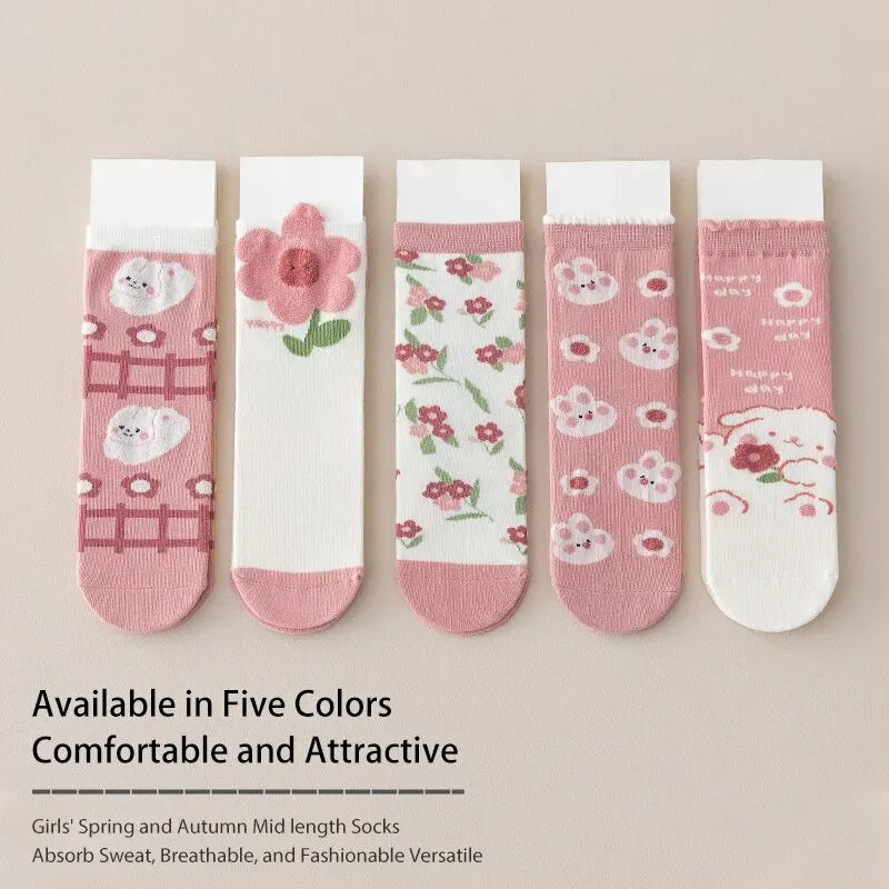 5 Pairs of Cute Cartoon Sweet and Fashionable Rabbit and Flower Baby Cotton Mid-calf Children's Socks for Girls