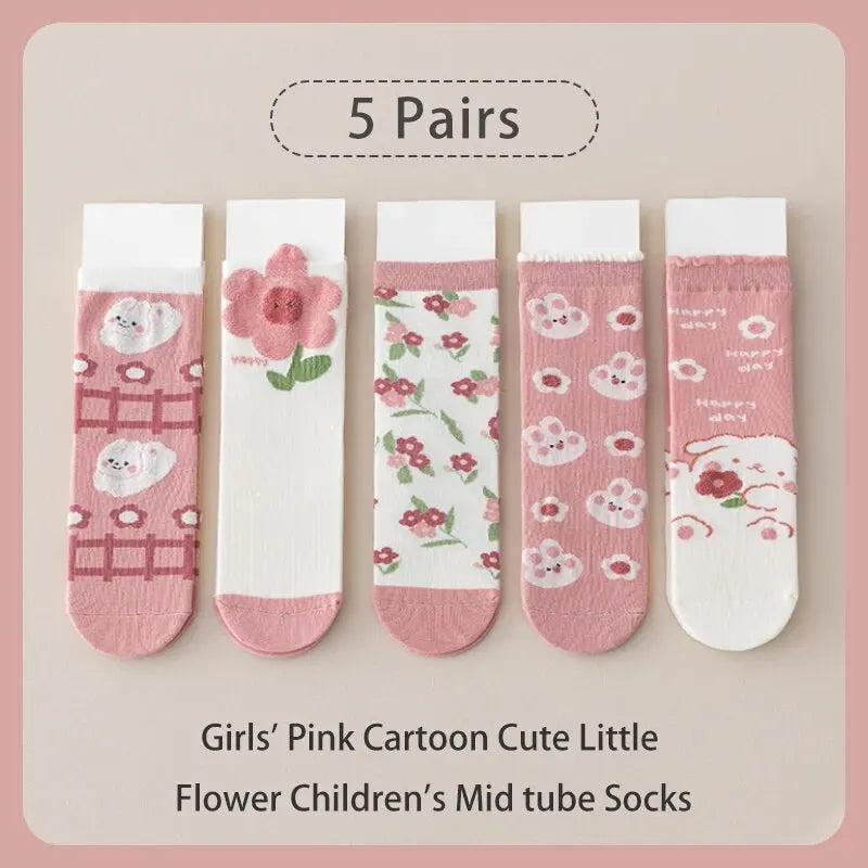 5 Pairs of Cute Cartoon Sweet and Fashionable Rabbit and Flower Baby Cotton Mid-calf Children's Socks for Girls