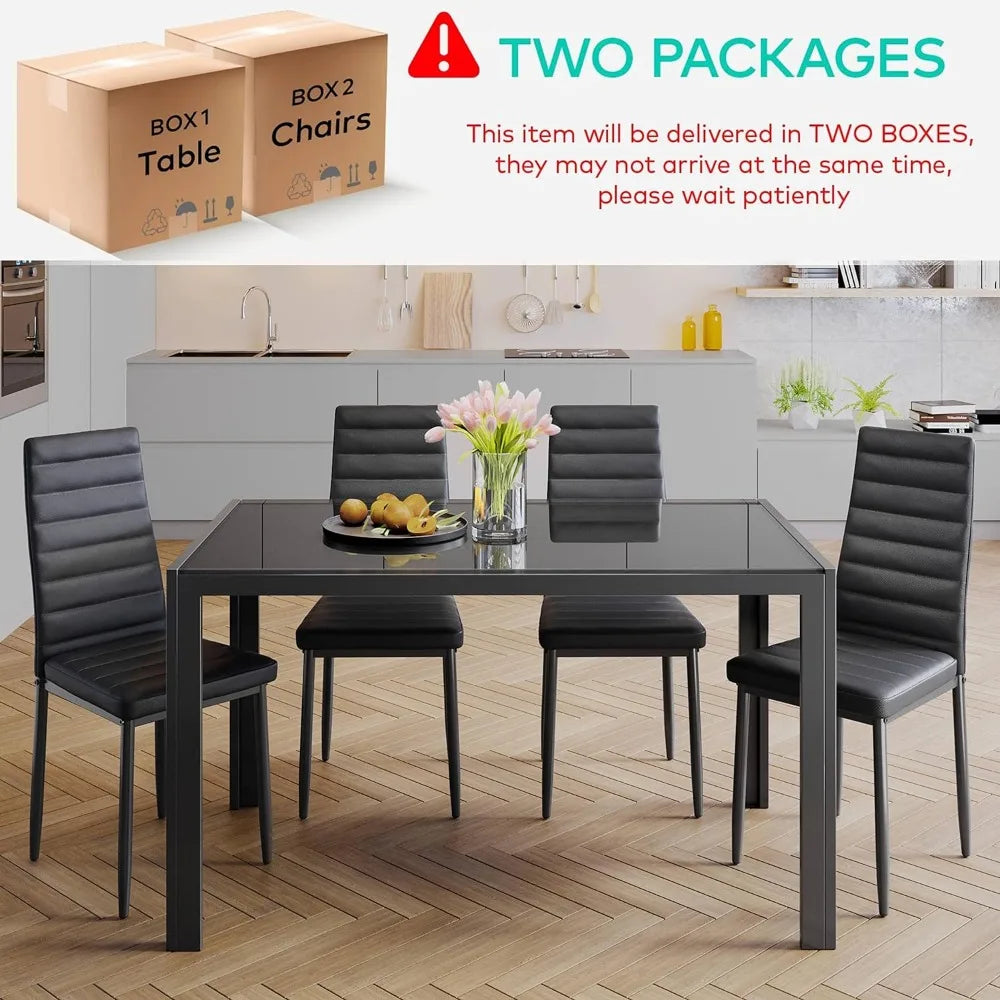 5 Piece Glass Dining Table Set, Kitchen and Chairs for 4, PU Leather Modern Room Sets Home (Black)